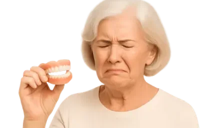 Mujer mayor con molestia al sostener dentadura postiza