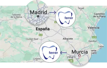 mapa con la ubicación de las clínicas dentales en Madrid y Murcia señaladas con marcadores
