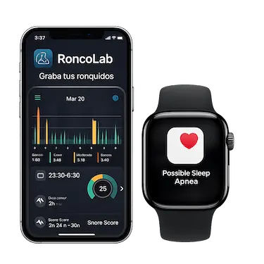App RoncoLab para grabar ronquidos y reloj inteligente detectando posible apnea del sueño